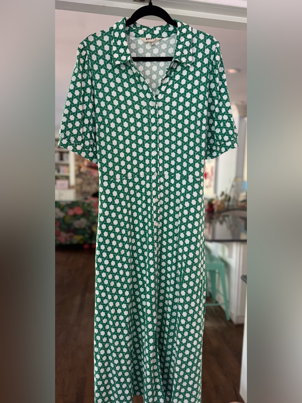 Boden Green Geometric Honeycomb Escher Cube Knit Midi Shirt Dress Short Sleeve
